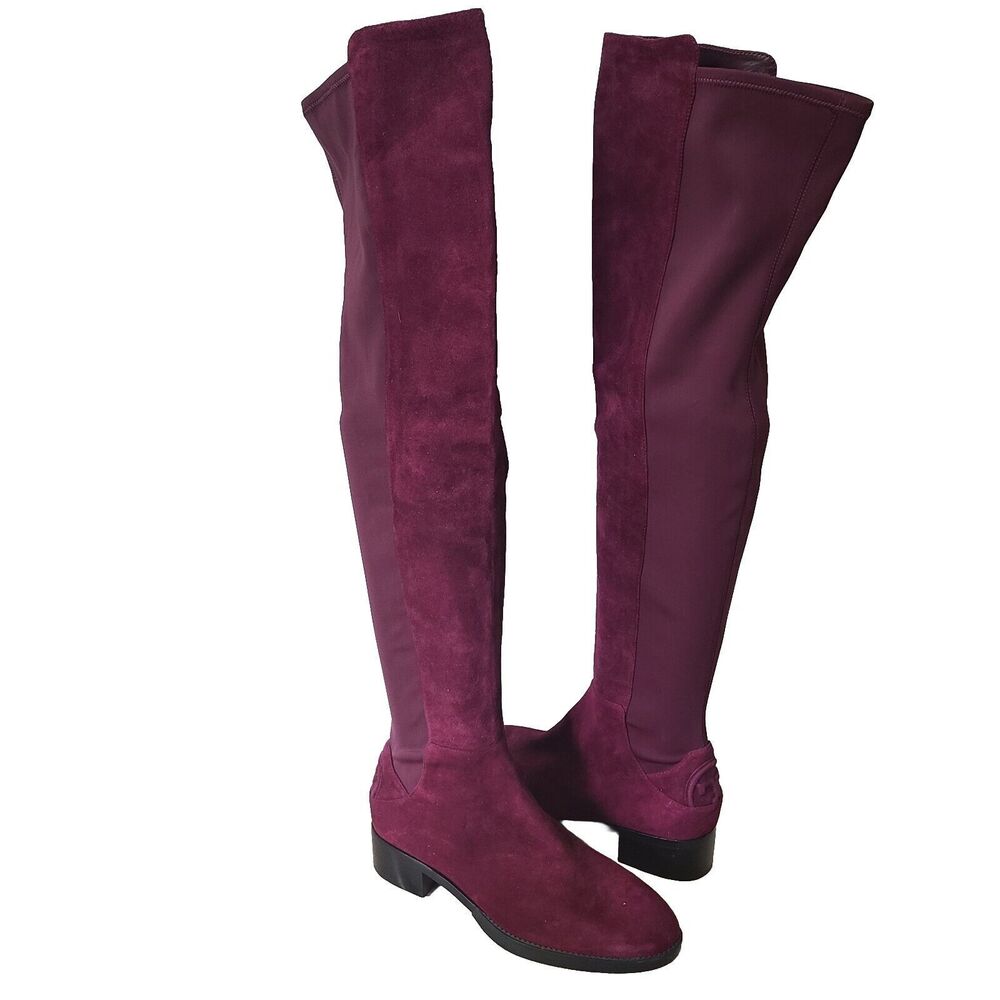 Tory Burch OTK Boots Caitlin Plum Suede Over-the-Knee Stretch Back Logo Sz 8 New